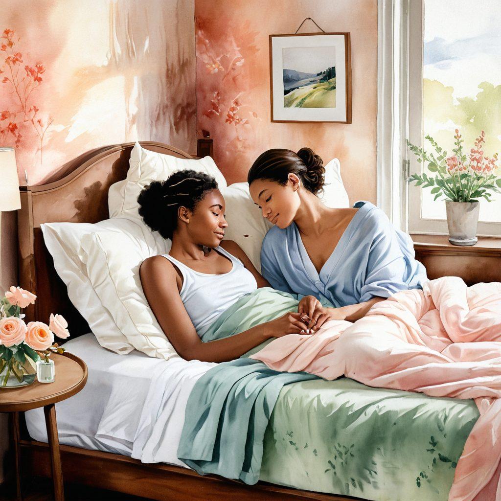 A peaceful and inviting bedroom scene, featuring two diverse individuals engaged in a heartfelt conversation, surrounded by soft lighting. Elements of warmth and comfort, like cozy blankets and delicate flowers, symbolize trust and intimacy. Subtle artistic representations of consent and communication, such as flowing lines or interconnected hearts, enhance the theme of wellness in relationships. watercolor painting. soft pastel colors.
