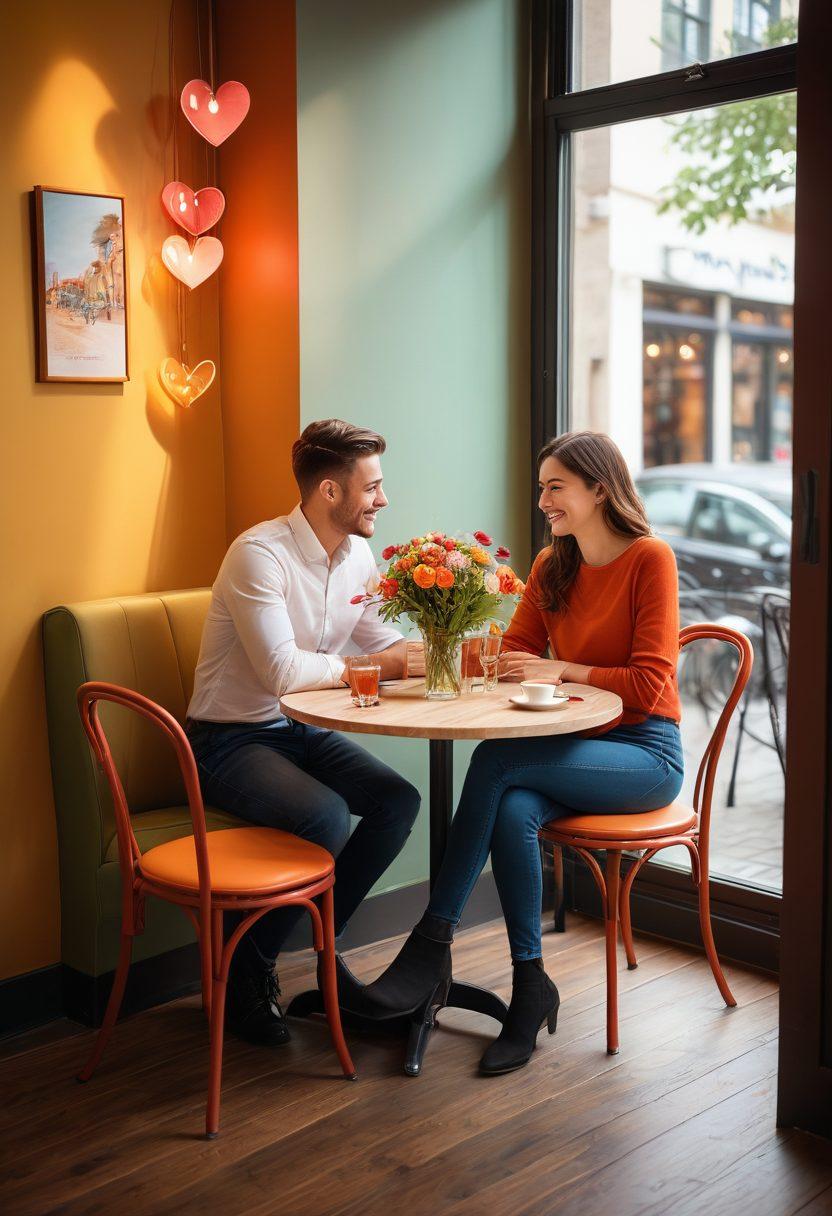 A warm and inviting scene of a diverse couple sitting at a cozy café, engaged in a deep conversation with smiles and laughter, soft lighting enhancing the atmosphere. Surround them with elements of love, such as heart-shaped decorations and flowers on the table, symbolizing romantic connections and confidence. Incorporate a stylish, contemporary setting that feels welcoming and relatable for audiences seeking dating advice. vibrant colors. soft focus.