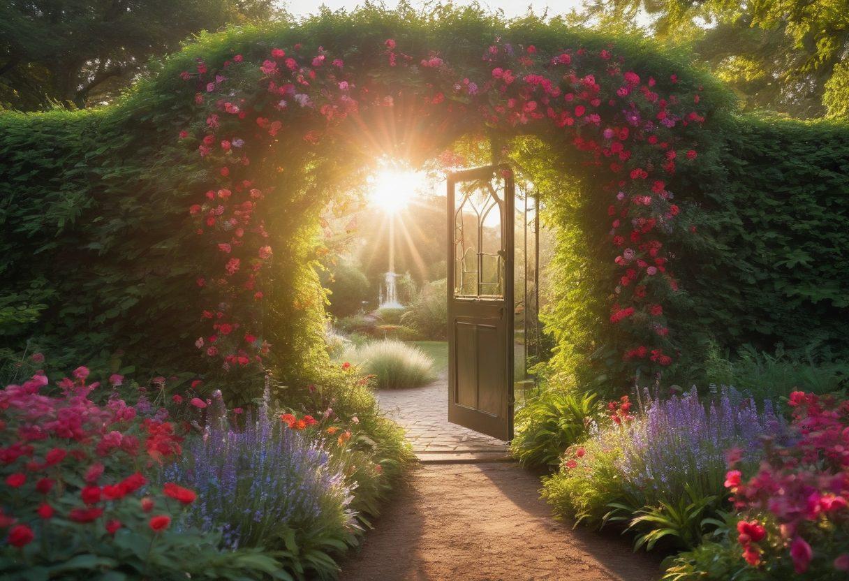 An enchanting scene depicting a couple intertwined in a heart-shaped lush garden, surrounded by blooming flowers symbolizing love and intimacy. In the background, a glowing key unlocks a hidden door that represents healthy relationships. Soft rays of sunlight filter through the leaves, illuminating their joyful faces. This image captures the essence of connection, growth, and discovery. vibrant colors. soft focus. dreamy atmosphere.